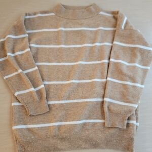a new day Women's Beige and White Striped Crewneck Oversized Sweater Medium